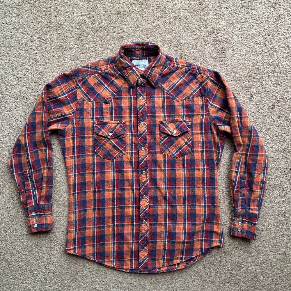 Wrangler Shirt Mens Medium Wrancher Pearl Snap Point Collar Orange Red Checks